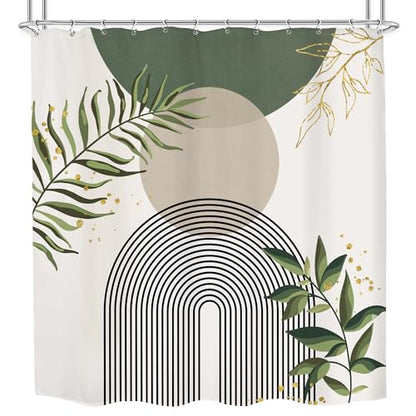 Green Boho Mid Century Shower Curtain 72Wx72H Abstract Gold Leaves Grey Modern Sun Arch Minimalist Geometric Aesthetic Plant Bathroom Decor Neutral Bath Curtain Polyester 12 Pack Hooks | 72Wx72H Olive Green Mid Century Modern Mint Green Waterproof Polyest