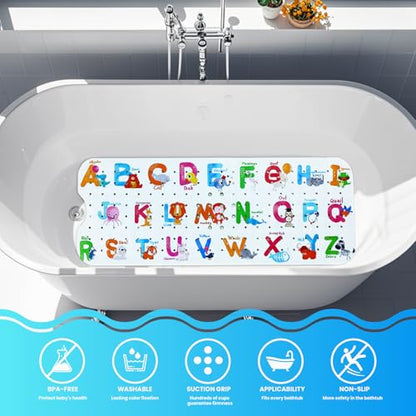 Baby Bath Tub Mat, Extra Large Non Slip Kids Cartoon Bathtub Shower Mats with Suction Cups & Drain Holes, Machine Washable for Bathroom, 40 x 16 Inch, Alphabet Animals Pattern - color: Alphabet Animals
