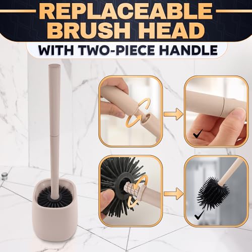 Silicone Toilet Brush and Holder Set - Cream RV Toilet Brush with Holder, Flexible Head, Soft Bristles, Detachable Handle and Freestanding Base, Compact Bathroom Cleaning Tool with Minimalistic Design - color: Cream