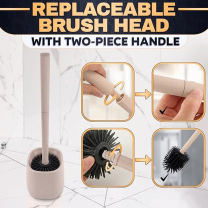 Silicone Toilet Brush and Holder Set - Cream RV Toilet Brush with Holder, Flexible Head, Soft Bristles, Detachable Handle and Freestanding Base, Compact Bathroom Cleaning Tool with Minimalistic Design - color: Cream