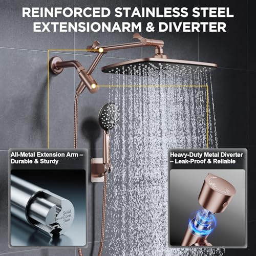 Veken Rose Gold 11.8" High Pressure Shower Head with Handheld, Easy Install | Handheld Shower Head with Multi Spray Modes,Rainfall Combo with 15" Metal Extension Arm,Detachable Dual Shower,Regaderas Para - color: Rose Gold, size: 11.8 Inch High Pressure