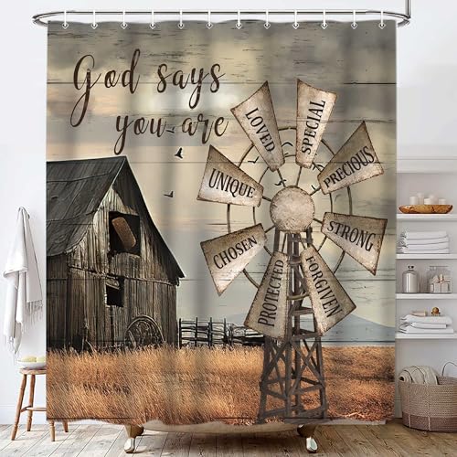 Western Barn Windmill Shower Curtain Sets for Bathroom,Rustic Inspirational Quotes Country Vintage Shower Curtains, Waterproof Farmhouse Bathroom Bathbub Decor Curtains with Hooks 70X70IN - color: Pattern 3, size: 70"W x 70"L (Pack of 1)