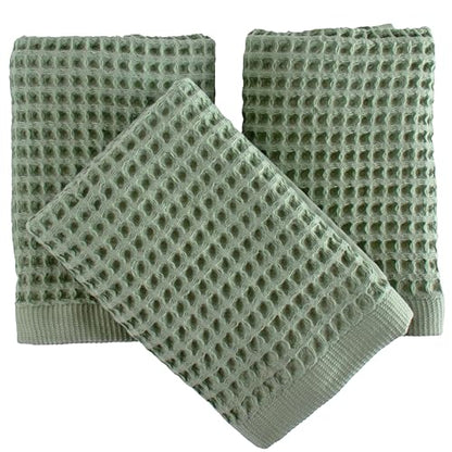 PÜSKÜL Natural 100% Turkish Cotton Waffle Hand and Kitchen Towels Set of 3 | Sage Green, Large 32x16 inc, Honeycomb-Waffle weave towel for bathroom & kitchen. Premium quality oeko-tex made in Turkey. - color: Sage Green, size: Kitchen & Hand Towels Pack o