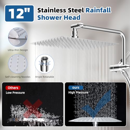 12" Metal Rainfall Shower Head with 10-Mode Handheld, Chrome | NSF/ANSI/CAN 372 Certified, High Pressure Showerhead Combo with 11" Adjustable Shower Arm, 71" Hose, Shower Head Holder - color: Chrome, style: Square 12"