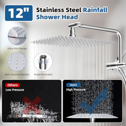 12" Metal Rainfall Shower Head with 10-Mode Handheld, Chrome | NSF/ANSI/CAN 372 Certified, High Pressure Showerhead Combo with 11" Adjustable Shower Arm, 71" Hose, Shower Head Holder - color: Chrome, style: Square 12"