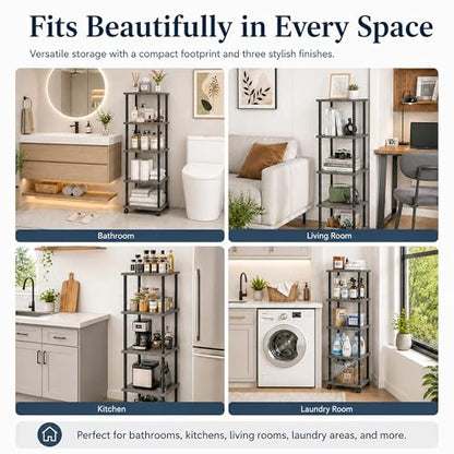 5-Tier 50.4" Tall Oak Grey Bathroom Shelving Unit with Wheels | Wood Finish, Metal Frame, Rolling Narrow Open Shelf Design, for Laundry Room, Kitchen, Living Spaces, Easy to Move - color: Oak Grey, size: 5-Tier