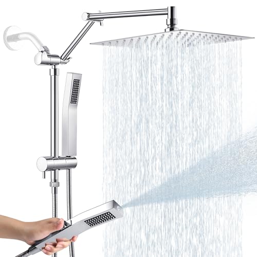 All Metal 12 Inch Rain Shower Head with Handheld Spray Combo, High Pressure Waterfall Rainfall Square Shower Heads with 16" Adjustable Extension Arm, Dual Showerhead with 3-Way Diverter, Chrome - color: Polished Chrome, size: 12 Inch