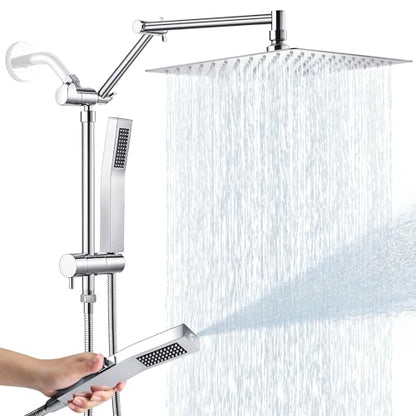 All Metal 12 Inch Rain Shower Head with Handheld Spray Combo, High Pressure Waterfall Rainfall Square Shower Heads with 16" Adjustable Extension Arm, Dual Showerhead with 3-Way Diverter, Chrome - color: Polished Chrome, size: 12 Inch
