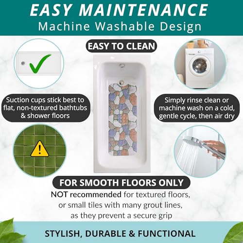 ENKOSI Non-Slip Bath & Shower Mat 40x16 Extra Long, Suction & Drain Holes | Stone Path spa look; Durable PVC; 40x16 in, Stone Path - color: Stone Path