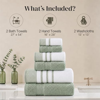 Modern Threads 6-Piece Towel Set – 100% Cotton, Quick Dry, Ultra Absorbent – Includes 2 Bath, 2 Hand, 2 Washcloths (White/Reinhart Sage) - color: Green, style: Classic Stripe