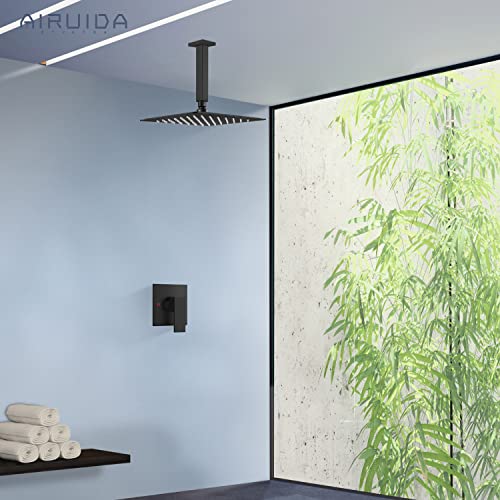 Airuida 10 Inch Matte Black Shower Faucet Set,Rainfall Shower System | Ceiling Shower Head,Male Thread Rough-in Valve,Ceiling Mount,Single Handle - color: Matte Black, size: 10 Inch