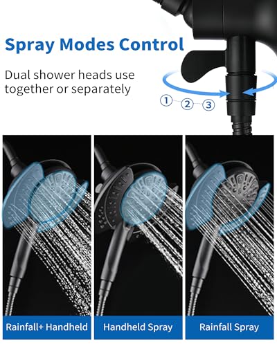 2 in 1 Shower Head with Handheld Combo High Pressure Black 2.5 GPM | 7.2" Rain Showerhead and 9 Spray Hand Held Shower, Adjustable Shower Angle, 59-inch Rotatable Stainless Steel Hose - color: Black, size: 2.5 GPM