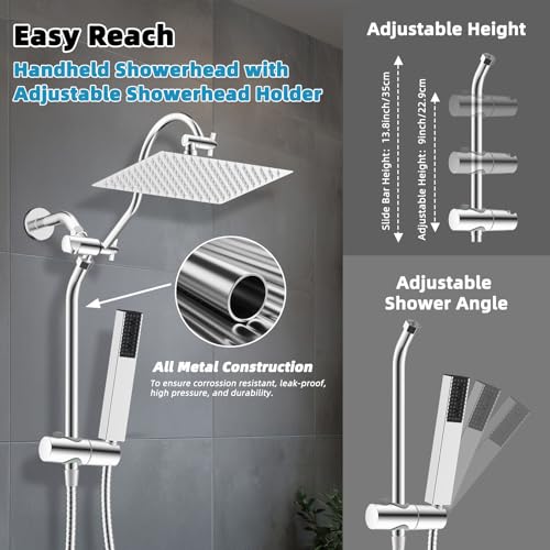 Hibbent 12'' Rainfall Shower Head with 4-mode Handheld Shower Spray, Chrome | cUPC Certified High Pressure Showerhead Combo, 12'' Adjustable Extension Arm, Extension Bar, Easy Reach Holder, 71'' Hose - color: Chrome, style: Square 12''