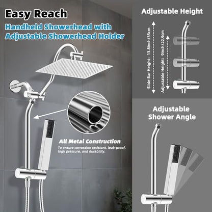 Hibbent 12'' Rainfall Shower Head with 4-mode Handheld Shower Spray, Chrome | cUPC Certified High Pressure Showerhead Combo, 12'' Adjustable Extension Arm, Extension Bar, Easy Reach Holder, 71'' Hose - color: Chrome, style: Square 12''