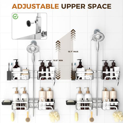 REINHARDT Split Shower Caddy Hanging for Handheld Showerheads, Silver | Adjustable Shower Organizer, Rustproof, 16 Hooks, Soap Holder, 40lbs Capacity, Anti-Slip, Tool-Free, Bathroom Accessories - color: Silver
