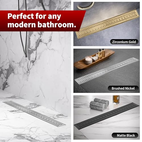 Sharp-tec Linear Shower Drain, 36 inch Shower Drain with Removable Pattern Cover, Brushed Nickel 304 Stainless Steel Rectangle Floor Drain, Adjustable Feet and Hair Strainer Included - color: Brushed Nickel, size: 36 inch