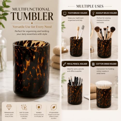 Tortoise Shell Bathroom Accessories | Tortoise Shell Soap Dispenser with Toothbrush Holder | Leopard & Cheetah Bathroom Accessories | Brown Bathroom Decor | Amber Glass Soap Dispenser with Black Pump