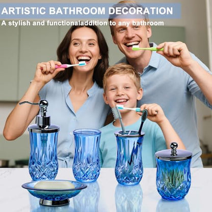 Blue Bathroom Accessories, Round Thick Glass & Metal Pump | Beautiful & weight, 5 pcs soap dispenser, toothbrush holder, soap dish, tumbler & jar, for mission/amish style - style: Round(Blue)