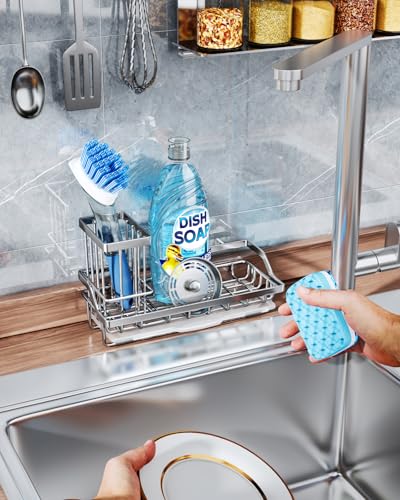 Consumest Sink Caddy, Kitchen Sponge Holder with Dish Brush Holder, Kitchen Organizer with Drip Tray for Countertop, Stainless Steel Rustproof - Silver - color: A-silver