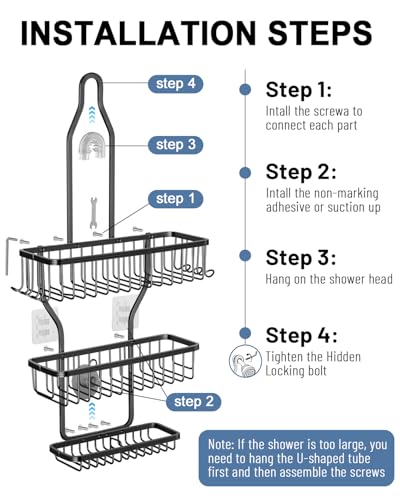 Shower Caddy Hanging - Never Rust Shower Hanging Organizer - Aluminum Over the ShowerHead Caddy with Soap Basket and 6 Hooks for Razor/Sponge (Black) - color: Black