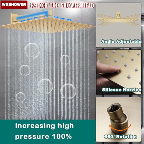 Temperature Display Rain Mixer Shower Faucet Set with 6 pcs Body Jets 12 inch Square Rainfall Shower Head with Handheld Spray Wall Mounted Rough-in Valve and Trim Included,Brushed Gold - color: Brushed Gold