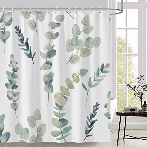 AWERT Shower Curtain Green Plants for Bathroom Waterproof Quick-Drying Eucalyptus Leaves Shower Curtain Set with Hooks 60x72 Inch - color: Sage Green, size: 60"W x 72"L (Pack of 1)