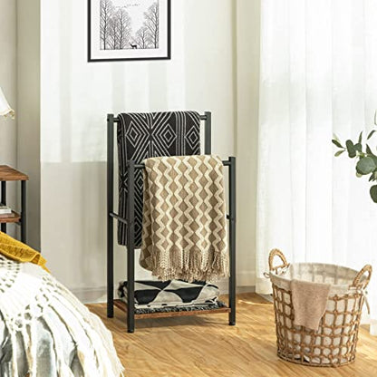 HOOBRO Free Standing Towel Rack for Bathroom, 2 Tier Blanket Rack, 16.5" L x 9.4" W x 31.5" H, Blanket Holder, Drying and Display Rack with Shelf, Rustic Brown and Black BF02LB01 - color: Rustic Brown + Black, size: 16.5"L x 9.4"W x 31.5"H