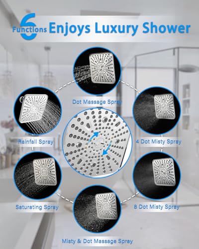 Square Shower Head, 6 Spray Modes High Pressure 10 Inch Chrome Shower heads, Rainfall & Massage Anti-Clog Nozzles Easy-Clean Surface for Spa Experience, Large Showerheads - color: Chrome