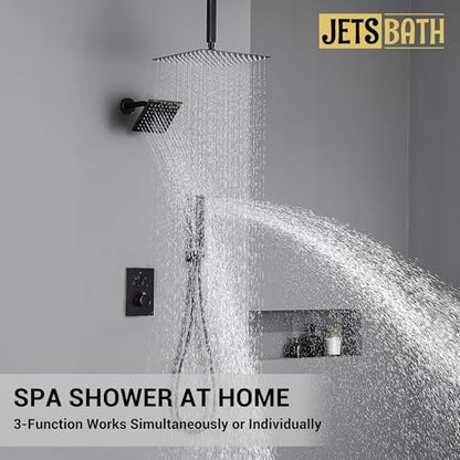 Thermostatic Dual Shower System, Oil Rubbed Bronze Shower Faucet | 12 Inch Ceiling Rainfall Shower, 6 Inch Wall Mount Head, High Pressure Handheld Sprayer, Push Button Valve - color: Oil Rubbed Bronze
