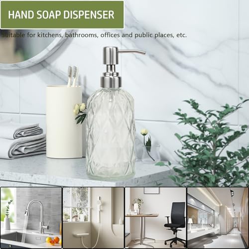 12Oz Clear Glass Soap Dispenser with Stainless Steel Pump, Diamond Design | Refillable Kitchen Liquid Hand Soap Dispenser, for Dispense Hand soap, Dish Soap, Lotion, Bathroom, Countertop, Hotel - color: Clear a