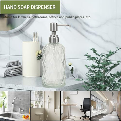 12Oz Clear Glass Soap Dispenser with Stainless Steel Pump, Diamond Design | Refillable Kitchen Liquid Hand Soap Dispenser, for Dispense Hand soap, Dish Soap, Lotion, Bathroom, Countertop, Hotel - color: Clear a