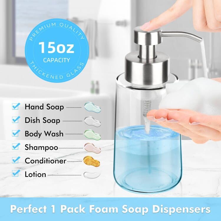 Thick Glass Soap Dispenser with Rust Proof Stainless Steel Pump, Clear Foam Soap Dispenser with Wide Opening for Kitchen and Bathroom（15 Oz） - color: 1 Pcs
