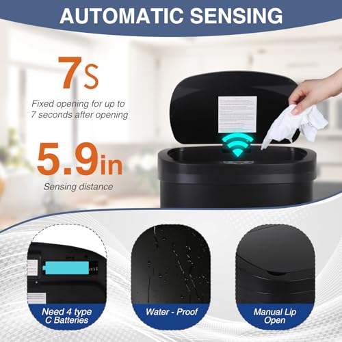 PayLessHere | 13 Gallon Stainless Steel Trash Can | Black | Automatic Touchless Lid with Motion Sensor | Kitchen Garbage Can with Waterproof Design | for Home, Office, Bathroom | Pack of 1 - color: Black Stainless Steel