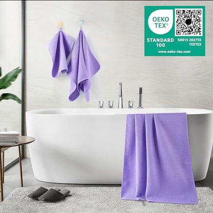 POLYTE 430 GSM Poly Blend Microfiber Quick Dry Waffle Bath Towel Set of 6 | 2-Body Towels, 2-Hand Towels, 2-Wash cloths, Oversize, Lint Free - color: Purple