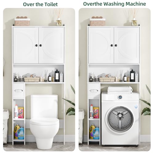 Over The Toilet Storage Cabinet with Barn Doors, Freestanding Bathroom Space Saver Organizer Over Toilet with Adjustable Shelves & Toilet Paper Holder, Waterproof Bathroom Cabinet, White