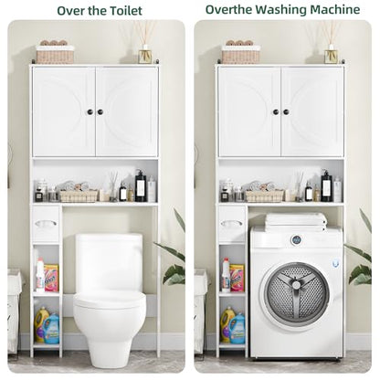 Over The Toilet Storage Cabinet with Barn Doors, Freestanding Bathroom Space Saver Organizer Over Toilet with Adjustable Shelves & Toilet Paper Holder, Waterproof Bathroom Cabinet, White