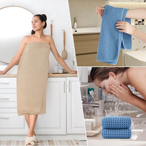 POLYTE 430 GSM Poly Blend Microfiber Quick Dry Waffle Bath Towel Set of 6 | 2-Body Towels, 2-Hand Towels, 2-Wash cloths, Oversize, Lint Free - color: Beige,blue