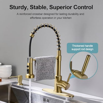 Gold Kitchen Faucets with Pull Down Sprayer and Soap Dispenser, Stainless Steel Single Pull Out Spring Sink Faucet, 3 Function Sprayer 1 or 3 Hole Deck Plate for Farmhouse Rv Bar - color: Gold, style: Classic(with Soap Dispenser)