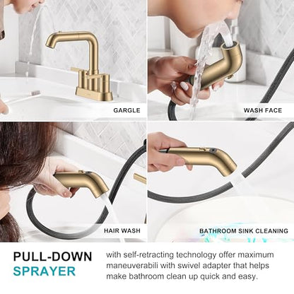 Champagne Bronze Pull Down Centerset Bathroom Faucet 3 Hole 2 Handle | Pull Out Bathroom Faucet with Pop Up Drain & Supply Lines, Lead-Free cUPC & NSF Certified, 4 Inch Faucet for Vanity RV Sink - color: Champagne Bronze