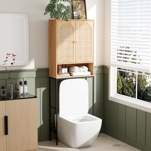 VINGLI Over The Toilet Storage Cabinet, Rattan Bathroom Organizer Behind Toilet,Above Metal Stand Rack Tall Freestanding Wood Cabinet with Wicker Doors,Adjustable Shelf for Bathroom,Restroom,Bohemian - color: Rattan Oak, size: 9.5"D x 23.6"W x 68"H