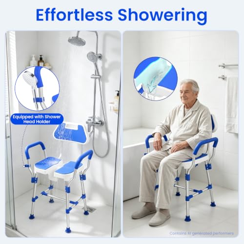U Shaped Shower Chair for Inside Shower with Arms & Back Heavy Duty Shower Bench for Elderly & Disabled Height Adjustable Bath Seat Non-Slip Feet Shower Stool (Blue) - color: Blue