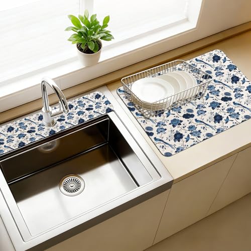 3 Pcs 2 Size Kitchen Sink Splash Guard Faucet Mat Blue Flowers and Birds Pattern Faucet Mats for Sinks Vintage Flower Absorbing Drying Mat for Kitchen Bathroom
