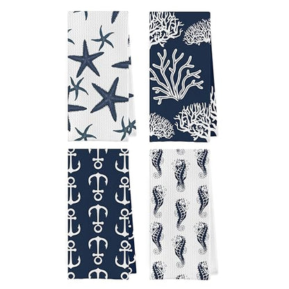 Ocean Themed Dish Towels Set - Navy Coastal Nautical Waffle Weave Kitchen Towels, Navy Blue Ocean Themed Hand Tea Towel, Coastal Bathroom Decor (16×24 Inches Set of 4) - color: Nautical E