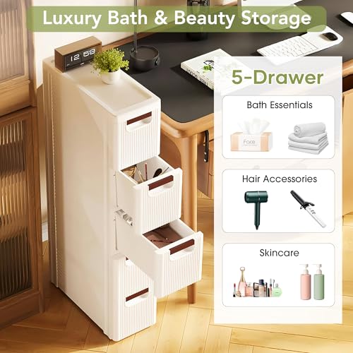 5 Drawers Narrow Bathroom Storage Cabinet, Slim Storage Cabinet, Plastic Slim Storage Cart Drawers for Small Spaces, Laundry, Office, Home, White - size: 5 Tiers