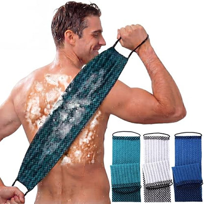 Chumia 3 Pcs Dual-Textured Exfoliating Washcloth Towel 35.4'' Body Back Scrubber with Handle Japanese Exfoliating Shower Towel Exfoliator Exfoliate Loofah Luffa Sponge for Women Men Bath, Colorful - color: Charcoal Green, Blue, Black