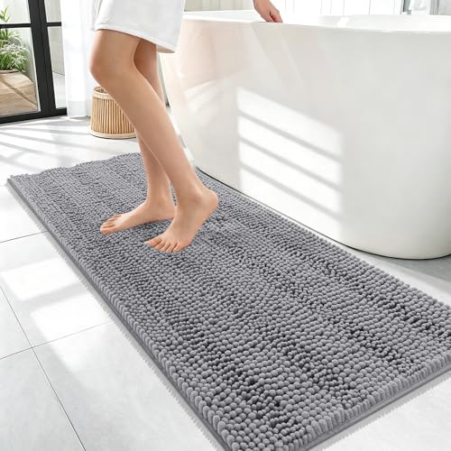 OLANLY Thick Bathroom Runner Rugs 47x17, Soft Chenille Long Bath Rugs, Grey | Absorbent Striped, Rubber Backing, Machine Wash, Bath Mats for Bathroom Floor, Tub and Shower, Home Decor Accessories - color: Grey, size: 47" X 17"