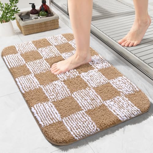 LOCHAS Bathroom Rugs 24×17, Checkered Bath Mat Non Slip, Brown | Rubber Backing Absorbent Machine Washable, Microfiber Carpet for Kitchen Bedroom Entryway - color: Light Brown, size: 24" x 17"