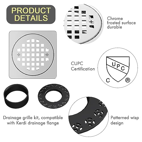 4 Inch Shower Floor Drain with Flange, Square Shower Drain Kit | SS304 Stainless Steel and ABS Material, Height Adjustment Collar and Ring - Chrome - color: Chrome