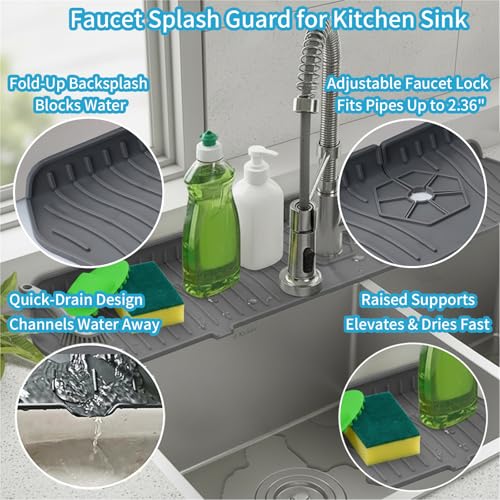 Silicone Faucet Handle Drip Catcher Drying Tray Mat Dish Soap Sponge Holder Accessories Gadgets for Kitchen Counter Bathroom Kitchen Sink Splash Guard (Gray, 24") - size: 24" x 5.5"