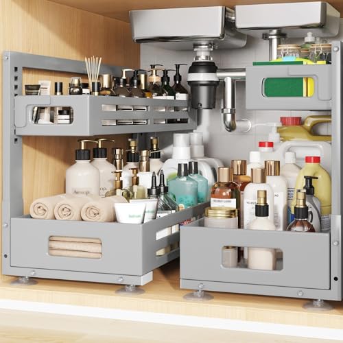 2 Pack 21IN-Depth Under Sink Organizer,Pull Out Cabinet Organizer With Smooth Cylindrical Rail,Metal Slide Out Drawer for Kitchen Bathroom Laundry,8-Level Tool Free Height Adjustable-Gun Gray - color: Gun Gray, size: 2 Pack-21"Dx9.5"-16.7"H